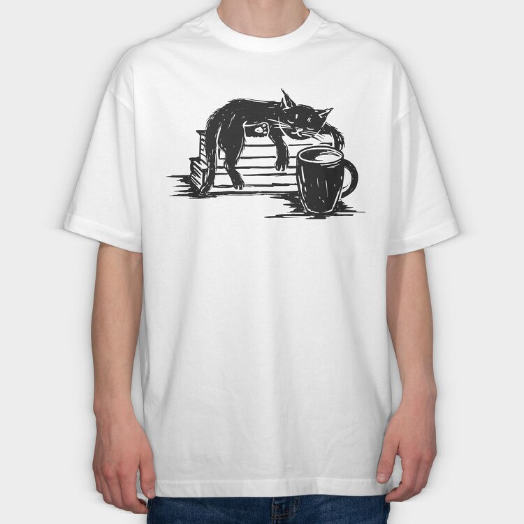 Cat And Coffee, Tricou Oversize Barbati (Unisex)