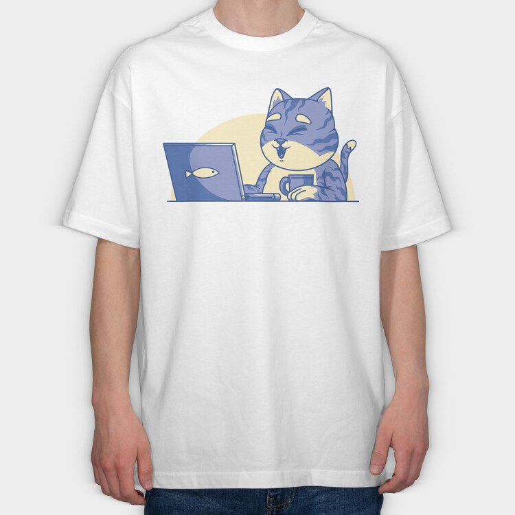 Cat In Front Of Computer, Tricou Oversize Barbati (Unisex)