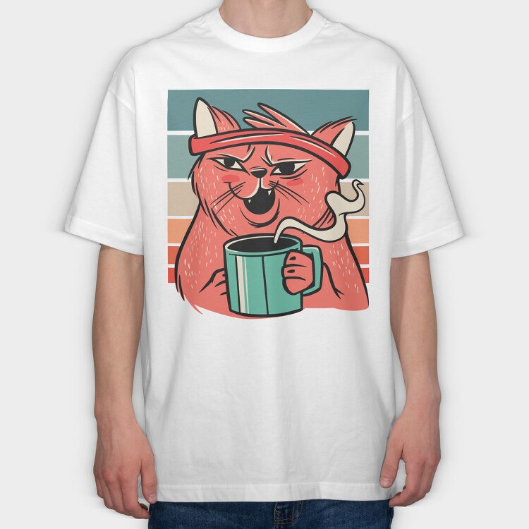 Cat Drinking Coffee (2), Tricou Oversize Barbati (Unisex)