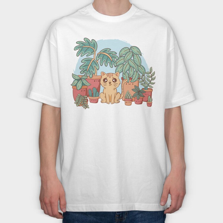 Cat And Plants, Tricou Oversize Barbati (Unisex)
