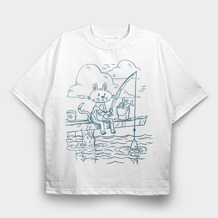 Fishing Cat Doodle, Tricou Oversize Barbati (Unisex)