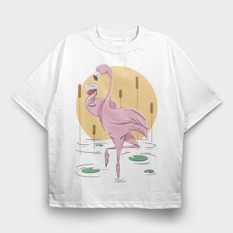 Flamingo Drinking Wine Cool, Tricou Oversize Barbati (Unisex)