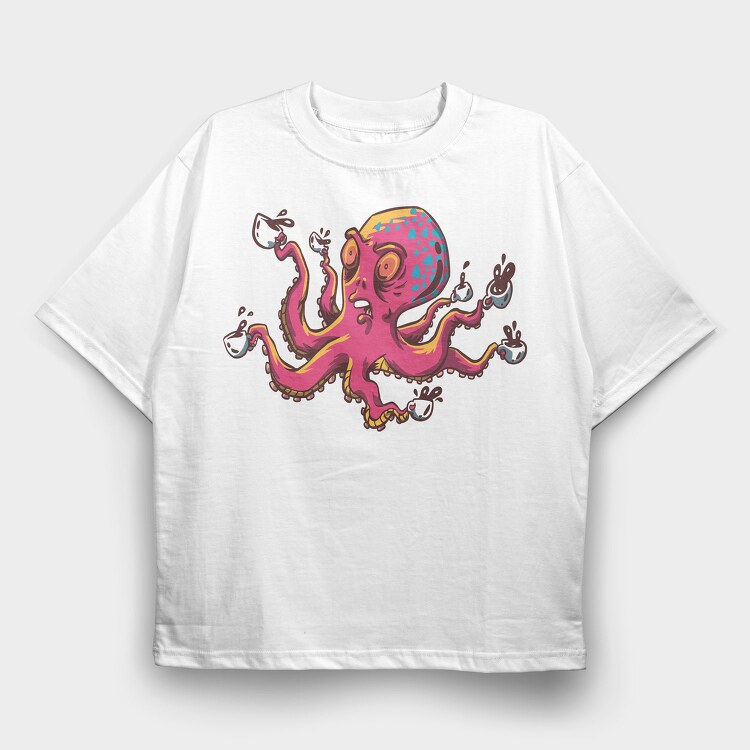 Octopus With Coffee Cups, Tricou Oversize Barbati (Unisex)