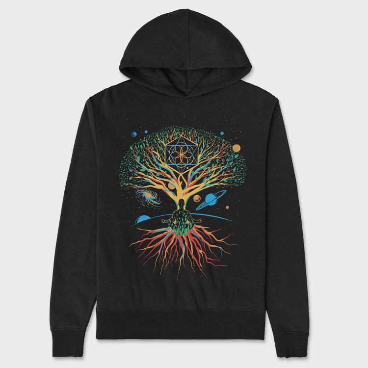 Sacred Geometry Meditating Colorful Magical Tree, Hanorac Oversize Barbati (Unisex)