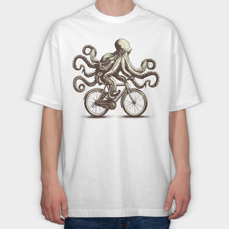 Octopus On Bicycle Ride, Tricou Oversize Barbati (Unisex)