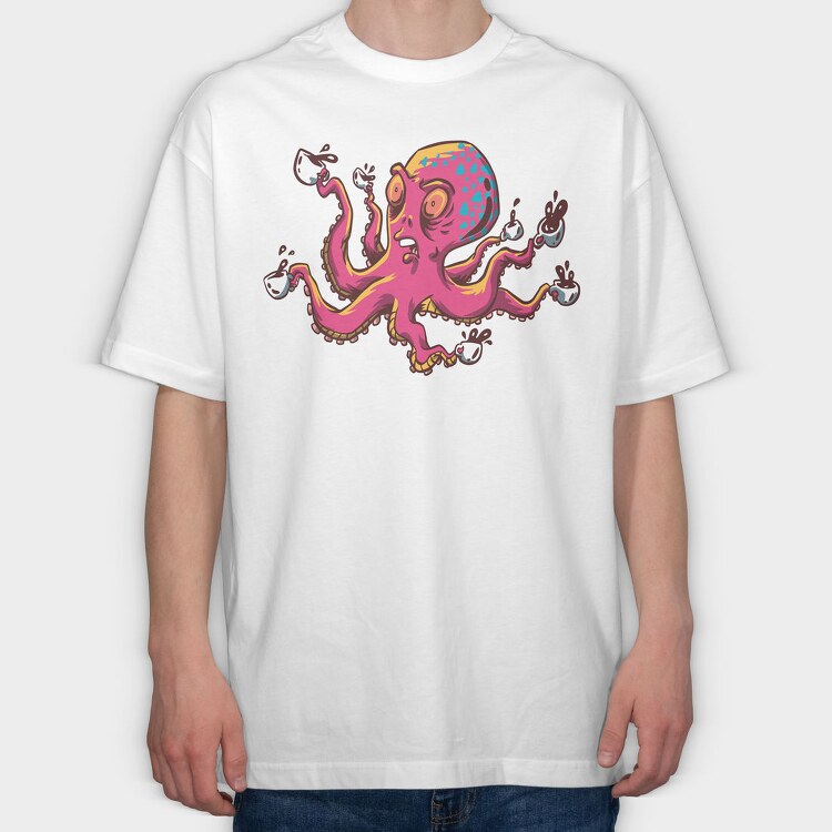 Octopus With Coffee Cups, Tricou Oversize Barbati (Unisex)