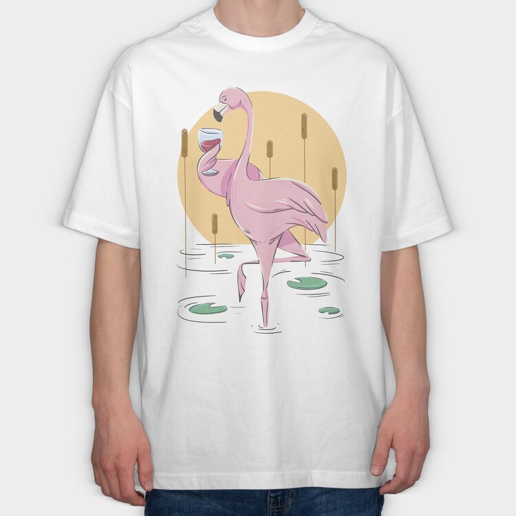 Flamingo Drinking Wine Cool, Tricou Oversize Barbati (Unisex)
