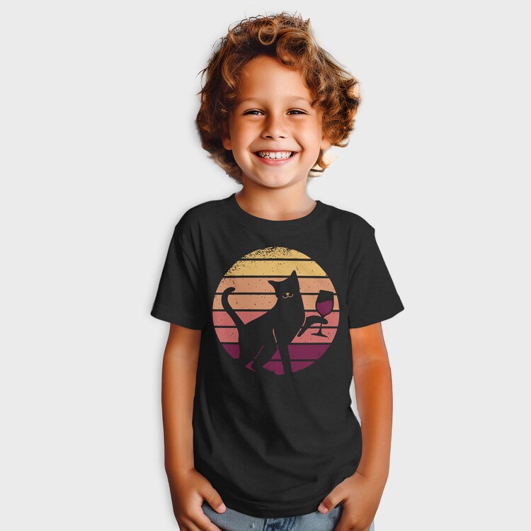 Cat With a Glass of Wine Retro Sunset, Tricou Copii