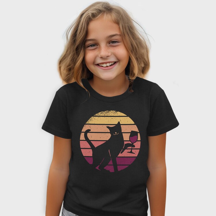 Cat With a Glass of Wine Retro Sunset, Tricou Copii
