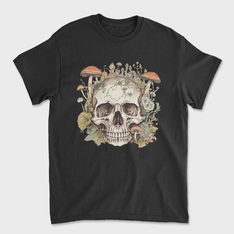 Skull With Mushrooms and Flowers, Tricou Barbati (Unisex)