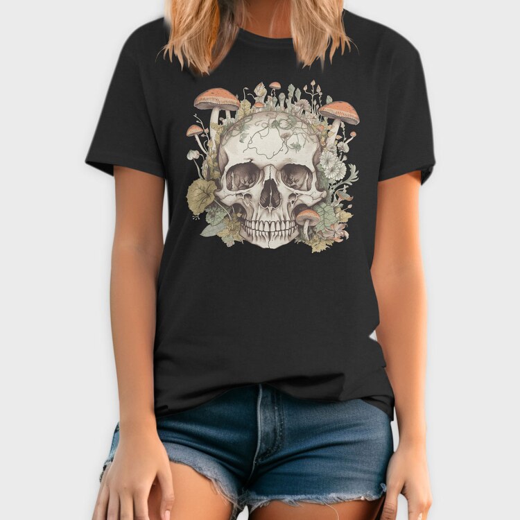 Skull With Mushrooms and Flowers, Tricou Barbati (Unisex)