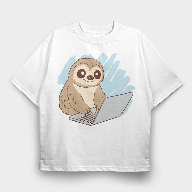 Sloth Using Computer, Tricou Oversize Barbati (Unisex)