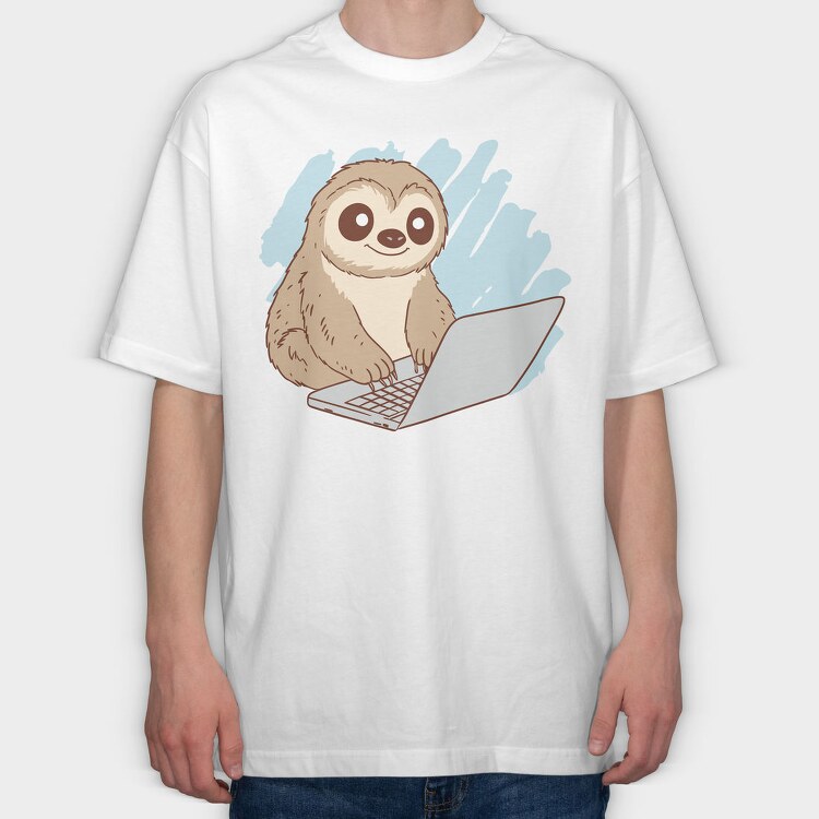 Sloth Using Computer, Tricou Oversize Barbati (Unisex)