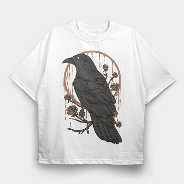 Raven Perch on the Flower Branch, Tricou Oversize Barbati (Unisex)