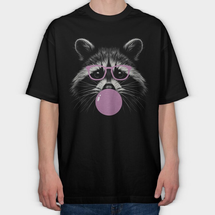 Funny Raccoon With Bubblegum And Glasses, Tricou Oversize Barbati (Unisex)