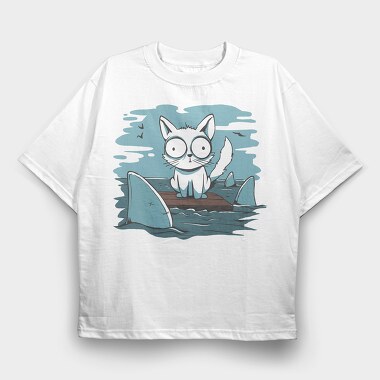 Cat Anxious Sharks Cartoon, Tricou Oversize Barbati (Unisex)