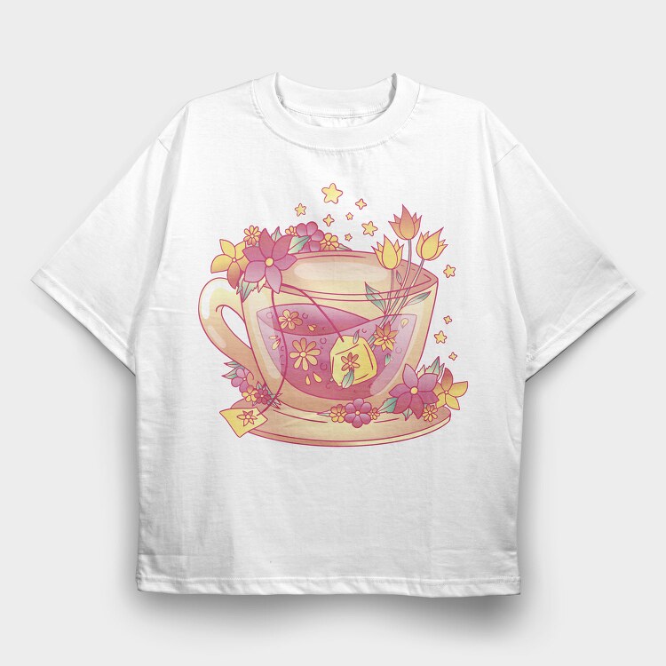 Floral Cup Of Tea Pink Kawaii, Tricou Oversize Barbati (Unisex)