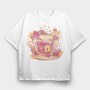 Floral Cup Of Tea Pink Kawaii, Tricou Oversize Barbati (Unisex)