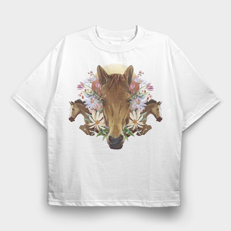 Floral Horses Collage Geometry, Tricou Oversize Barbati (Unisex)