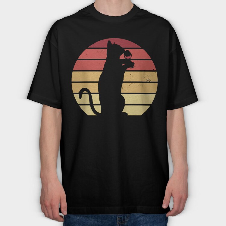 Cat Wine Sunset, Tricou Oversize Barbati (Unisex)