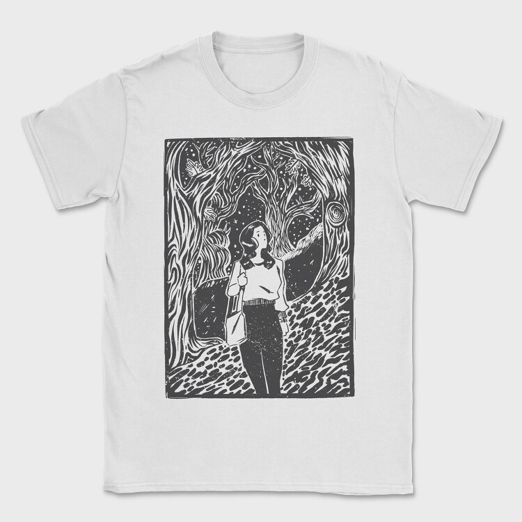 Girl Walking On Magical Forest Lino Art, Tricou Barbati (Unisex)