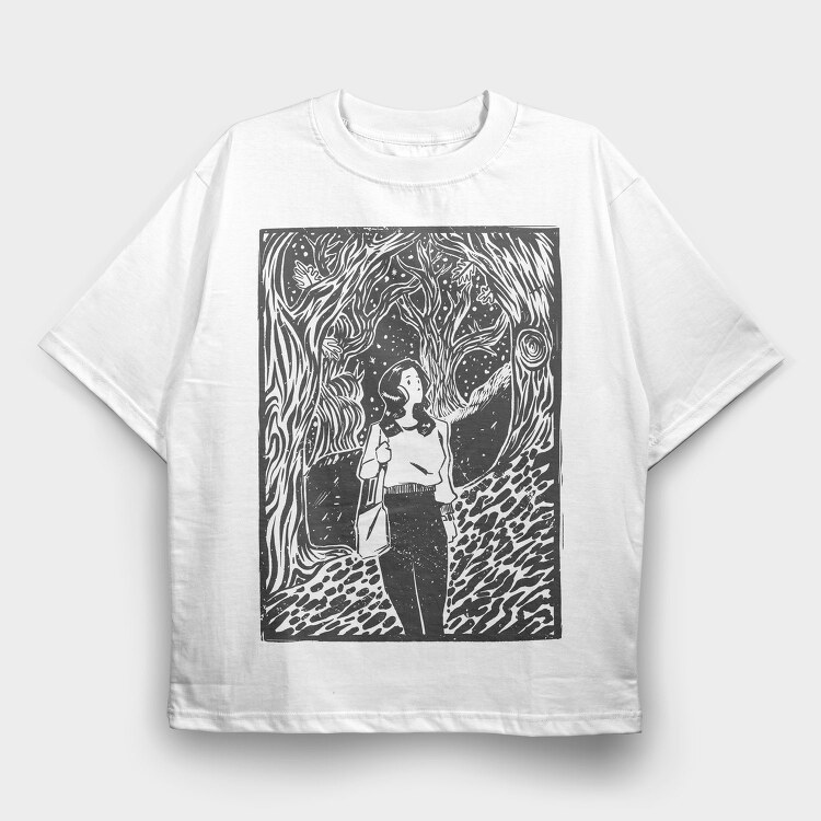 Girl Walking On Magical Forest Lino Art, Tricou Oversize Barbati (Unisex)
