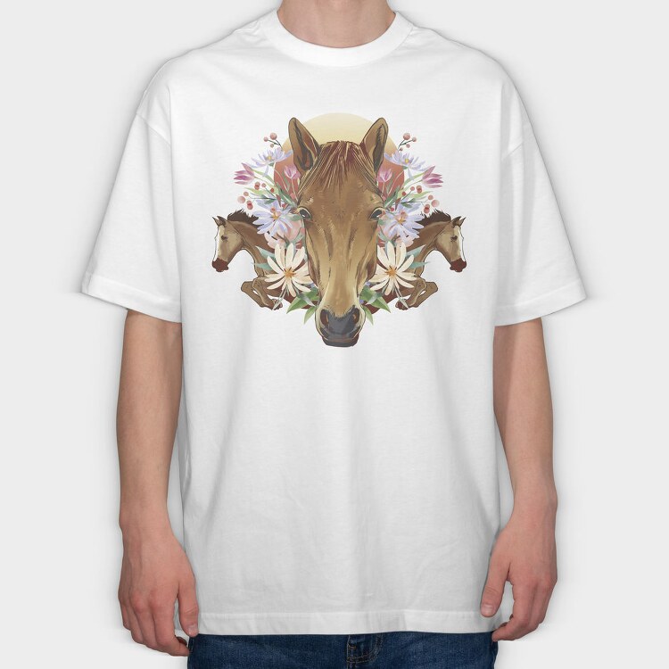 Floral Horses Collage Geometry, Tricou Oversize Barbati (Unisex)