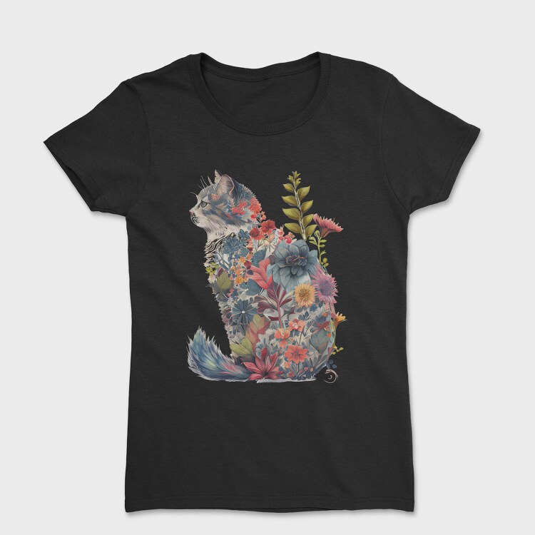 Floral Cat Silhouette Flower, Tricou Femei