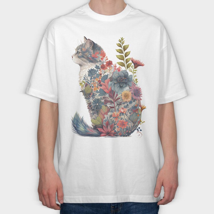 Floral Cat Silhouette Flower, Tricou Oversize Barbati (Unisex)