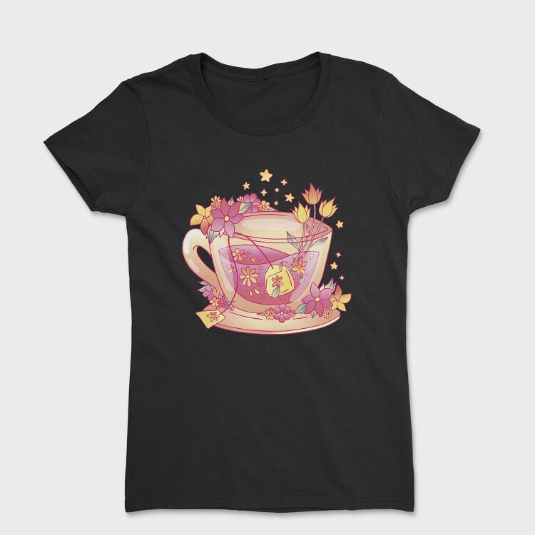 Floral Cup Of Tea Pink Kawaii, Tricou Femei