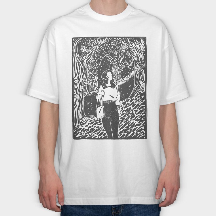 Girl Walking On Magical Forest Lino Art, Tricou Oversize Barbati (Unisex)