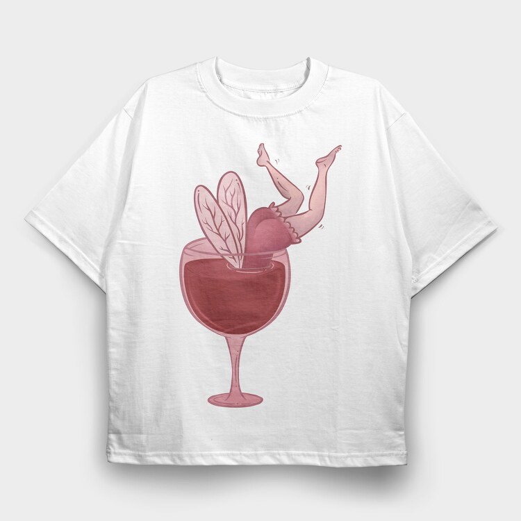 Small Drunk Fairy In Wine Glass, Tricou Oversize Barbati (Unisex)