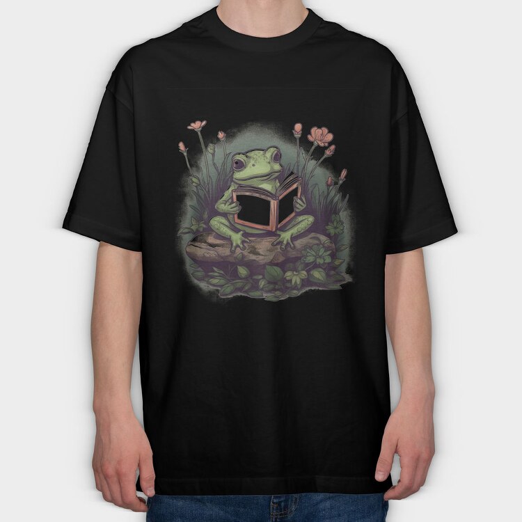 Frog Reading Flowers, Tricou Oversize Barbati (Unisex)