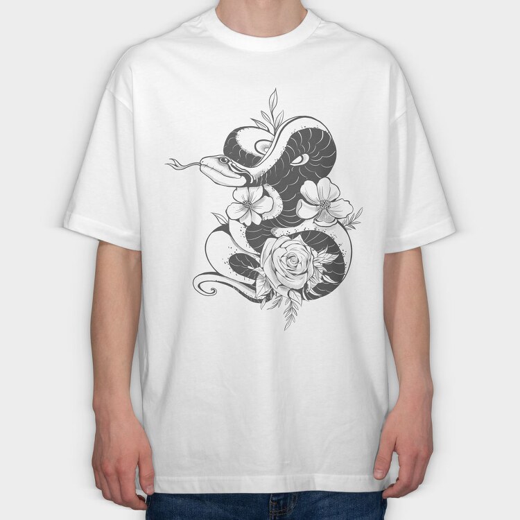 Snake And Flowers Tattoo, Tricou Oversize Barbati (Unisex)