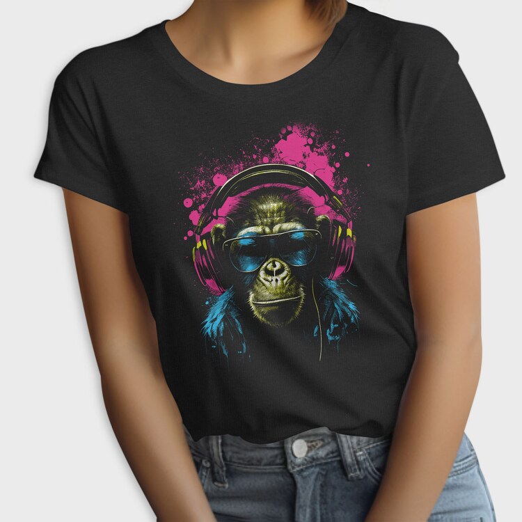 Monkey Headphones Portrait, Tricou Femei