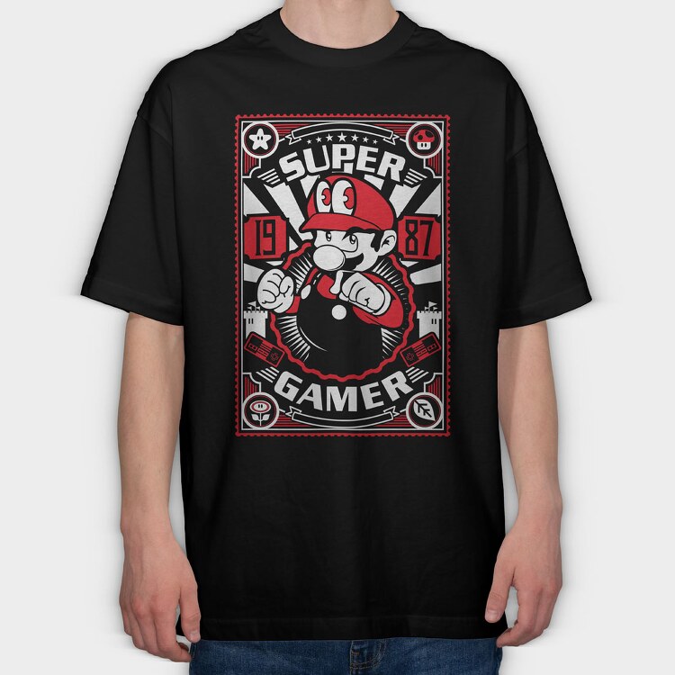 Super Gamer 1987 Mario, Tricou Oversize Barbati (Unisex)