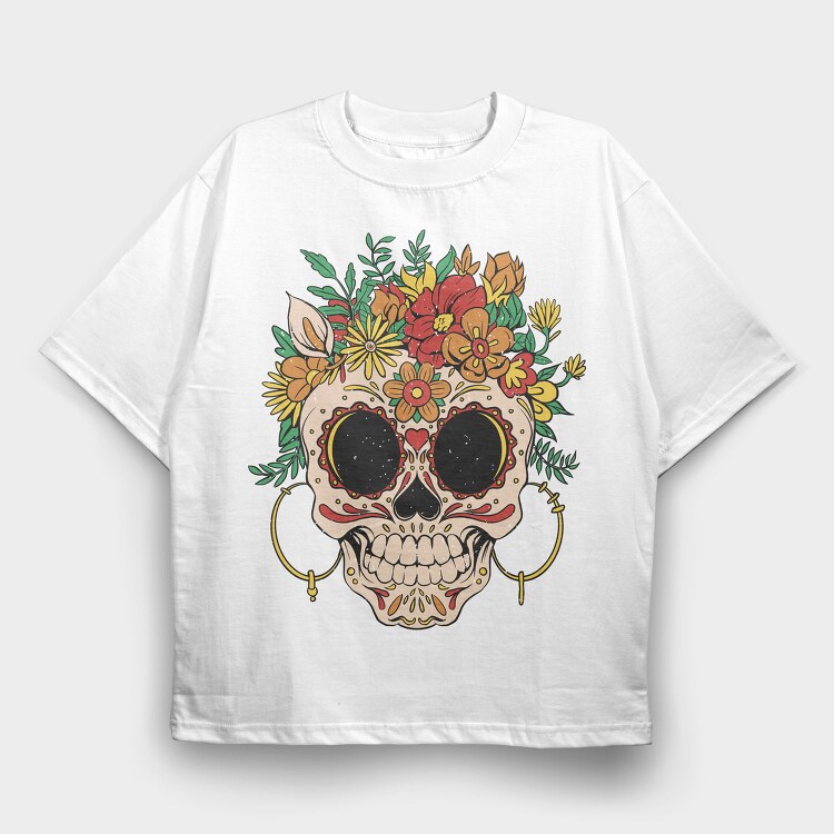 Skull Traditional Flowers, Tricou Oversize Barbati (Unisex)