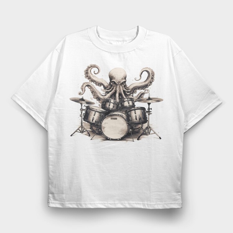 octopus playing drums, Tricou Oversize Barbati (Unisex)