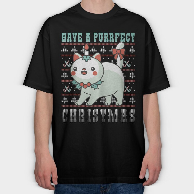 Purrfect Christmas Ugly Sweater, Tricou Oversize Barbati (Unisex)