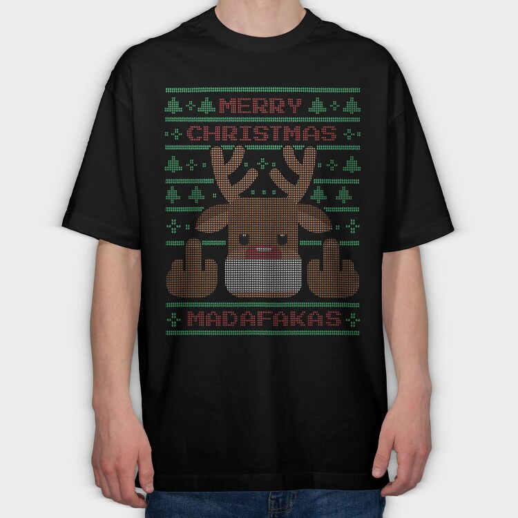 Reindeer Middle Finger Ugly Sweater, Tricou Oversize Barbati (Unisex)