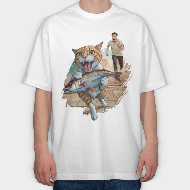 Cat Escaping With Fish, Tricou Oversize Barbati (Unisex)