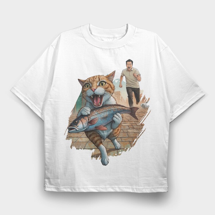 Cat Escaping With Fish, Tricou Oversize Barbati (Unisex)