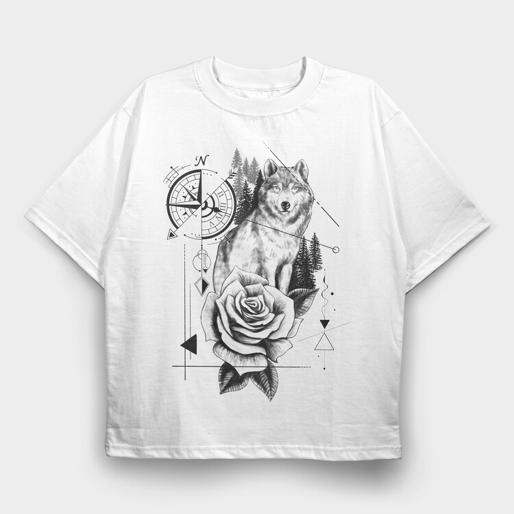 Compass Wolf, Tricou Oversize Barbati (Unisex)