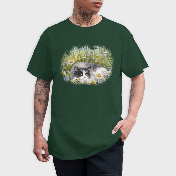 Cat Sleeping in Flower Field, Tricou Barbati (Unisex)