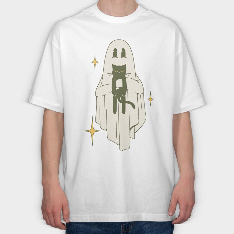 Ghost With Cat, Tricou Oversize Barbati (Unisex)