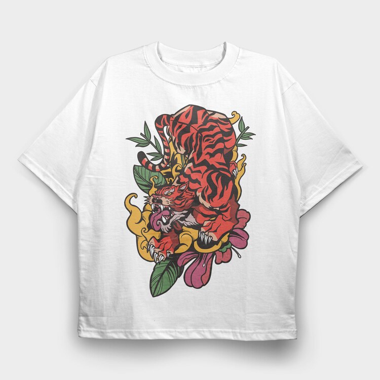 Traditional Japanese Tiger Floral, Tricou Oversize Barbati (Unisex)