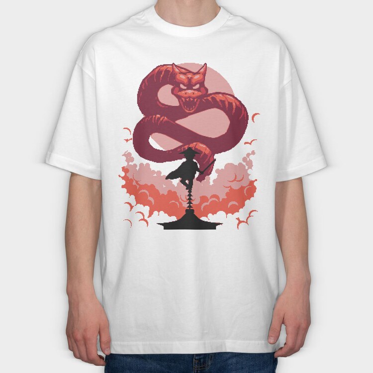 Samurai And Dragon Creature Pixel, Tricou Oversize Barbati (Unisex)