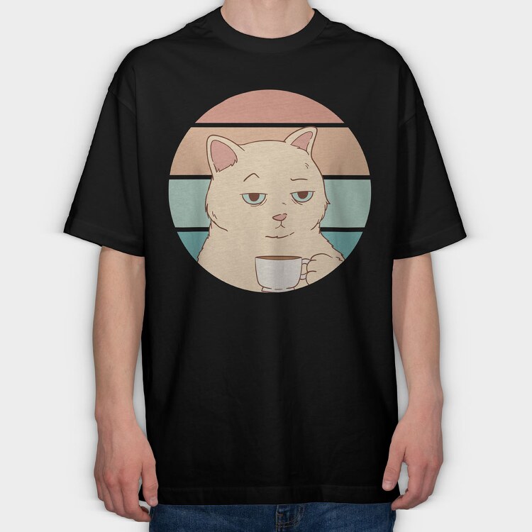 Bored Cat With Coffee, Tricou Oversize Barbati (Unisex)