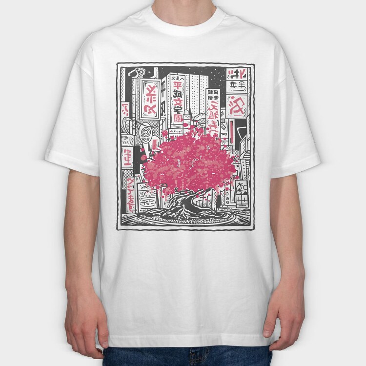 Sakura Tree City Pink Japan, Tricou Oversize Barbati (Unisex)