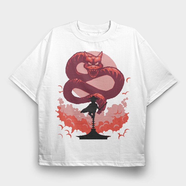 Samurai And Dragon Creature Pixel, Tricou Oversize Barbati (Unisex)